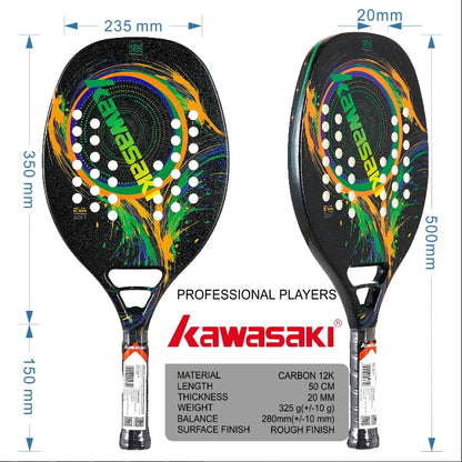 Kawasaki 3K/12K Carbon Fiber Beach Tennis Paddle Racquet with Protective Bag Cover