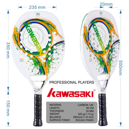 Kawasaki 3K/12K Carbon Fiber Beach Tennis Paddle Racquet with Protective Bag Cover